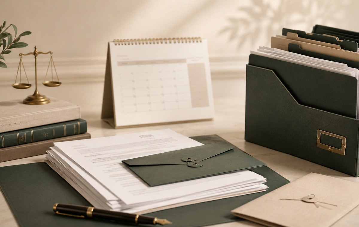Illustration éditoriale : dossier classé, calendrier et documents de travail