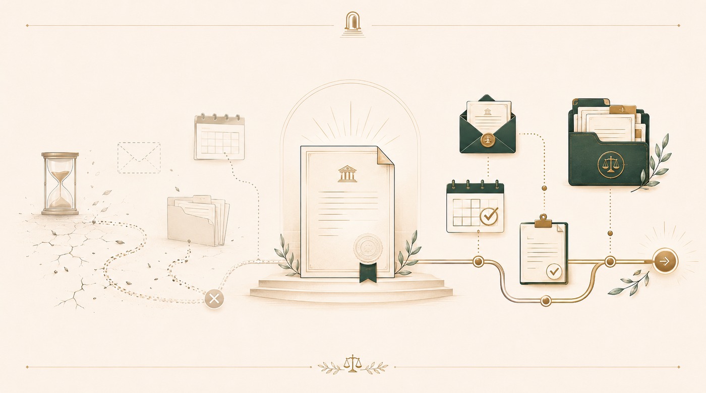 Illustration : du temps, des documents et un chemin de procédure à tenir